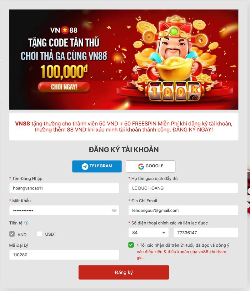 Hướng Dẫn Đăng Ký VN88 Chi Tiết Chỉ Trong 3 Phút 4 Điền các thông tin cá nhân theo yêu cầu.