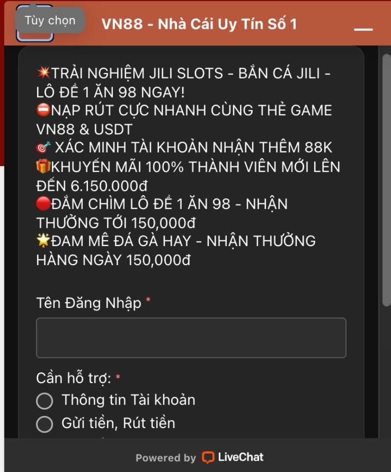 Liên Hệ 1 Live Chat trực tuyến trên website VN88