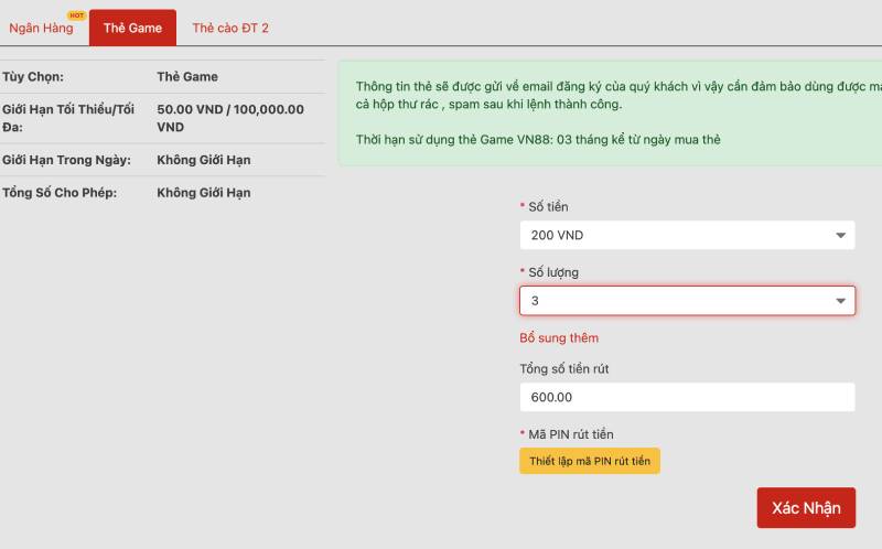 Cách Rút tiền VN88 Về Tài Khoản Nhanh Nhất 2025 4 Rút tiền qua thẻ game (Không cần tài khoản ngân hàng)